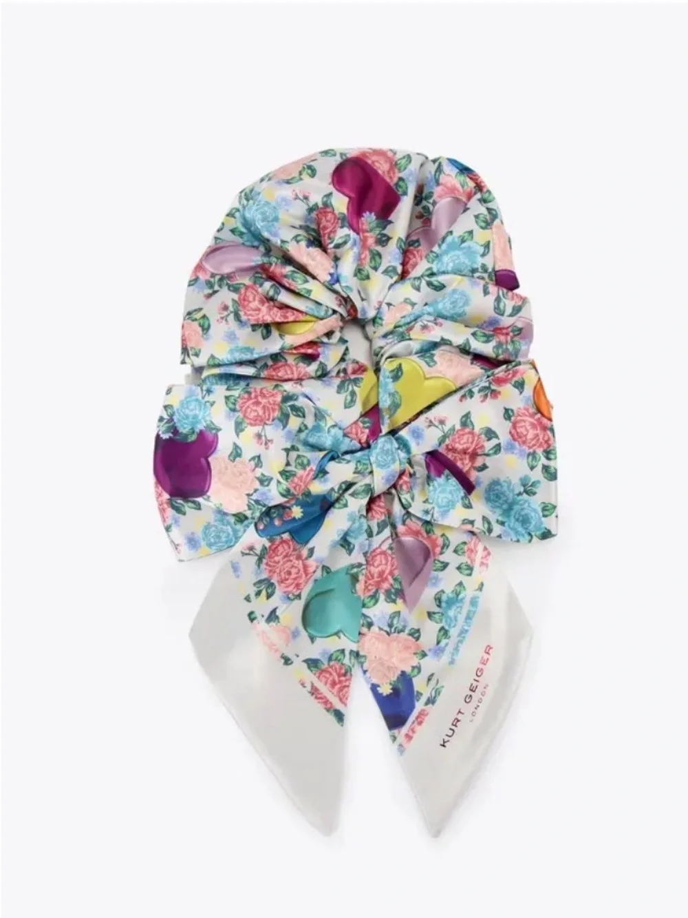 Kurt Geiger Satin Printed Bow Scrunchie. Multicolored Pastel Floral/Hearts NWT